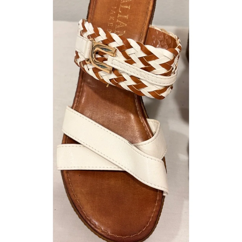 Italian Shoemakers White Brown Braided Buckle Wedge Sandals Size 7 Made in Italy